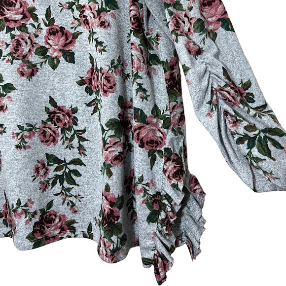 💥2/$15 Terra & Sky grey pink green brown floral ruffle trim long sleeve top 2X - Picture 3 of 11
